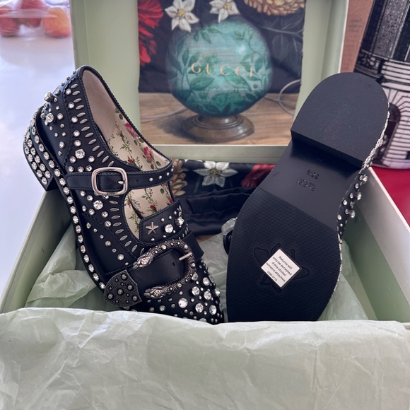 GUCCI  Crystal Embellished   Leather Floral Print Oxfords US8 IT 38.5 - Picture 2 of 5
